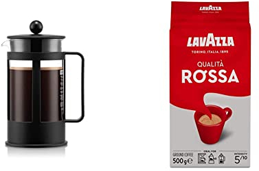 BODUM Kenya 8 Cup French Press Coffee Maker, Black, 1.0 l, 34 oz & Lavazza Qualità Rossa, Ground Coffee Espresso, Arabica and Robusta Medium Roast 500 g Pack