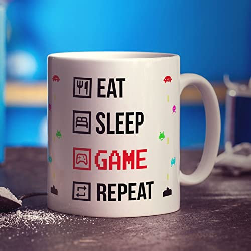 Eat Sleep Game Repeat Mug - Gift for Gamers, Boys, Girls - Birthday - Christmas - 11oz Ceramic Cup