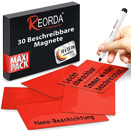 Reorda® Magnetstreifen beschreibbar - 30 Stück wiederbeschreibbar - 10 x 15cm (Rot) - Beschreibbare Magnete für Whiteboard, Kanban, Magnettafel oder als beschriftbare Magnete für den Kühlschrank
