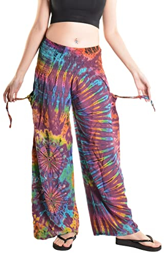 Orient Trail Damen Palazzo Yoga Tie Dye Hose mit weitem Bein, kalt gefärbt, Rainbow Purple, X-Groß