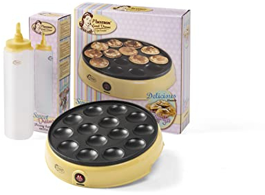 Bestron Poffertjesmaker, Vorteilspaket inkl. Teigflasche für 700ml, ideal für Weihnachten, Ostern oder Kindergeburtstage, Retro Design, 800 Watt, Farbe: Gelb