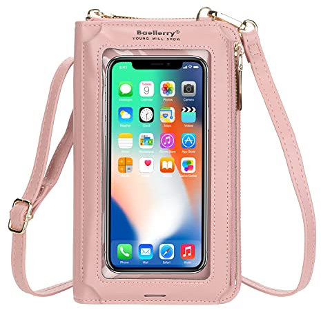 AIFILLE Sac Pochette Bandouliere Femme, Petit Sacoche Pochette Telephone Portable Transparente Clutch Portefeuille Adolescente Fille avec Multi Porte Carte ID/Porte Chequier Slots Sac a Main, Rose