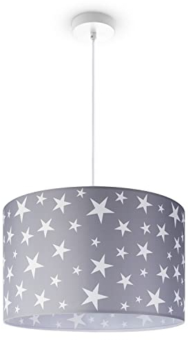 Paco Home Deckenlampe Kinderzimmer Pendelleuchte Lampenschirm Stoff Wolken Himmel Sterne Kinderlampe E27 1,5m Textilkabel, Farbe:Design 6 (Ø45,5 cm), Leuchtenart/Farbe:Pendelleuchte - Weiß