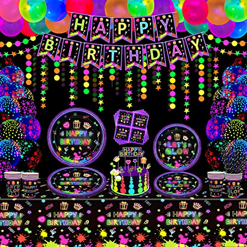 168 Paquete Productos Para Fiestas de Neón Brillante Decoraciones Fosforescentes Set de Vajilla Para Fiesta con Luz Negra - Platos, Banderines, Globos, Mantel, Guirnalda, Servilletas Para 20 Personas
