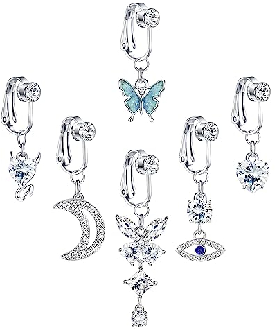 LOLIAS 6 Stück Clip On Bauchnabel Piercing Für Damen Chirurgenstahl Fake Belly Piercing mit Baumeln Herz Schmetterling Mond Dämon Böser Blick Falsch Bauchnabel Ringe Nicht Piercing Schmuck
