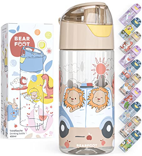 BEARFOOT Trinkflasche Kinder 450ml, leichte Tritan Wasserflasche, BPA frei, auslaufsicher, Kohlensäure geeignet, spülmaschinenfest für Jungen, Mädchen, Kindergarten - (Beige - Polizeilöwen)