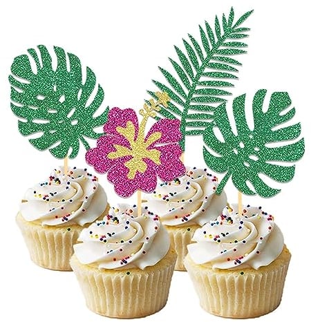 24 Stück Glitzer Tropische Hawaii Cupcake Topper, Aloha Cupcake Topper für Hawaii Aloha Luau Poolparty Sommerparty Dekoration (Tropisches Blatt B)