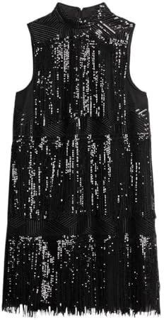 Superdry Damen Minikleid mit Fransen und Pailletten in A-Linie Lange Fransen Mit Schwarzen Pailletten 44