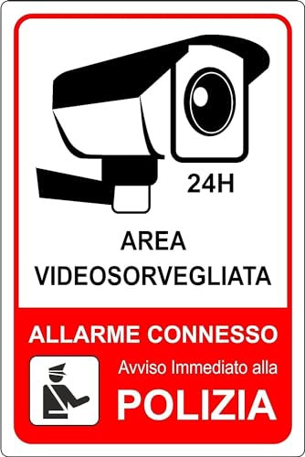 M-ITALY CARTELLO SEGNALETICO - VIDEOSORVEGLIANZA ALLARME CONNESSO Polizia 24 ore - Adesivo Extra Resistente, Pannello in Forex, Pannello In Alluminio (30x42 cm, Adesivo)