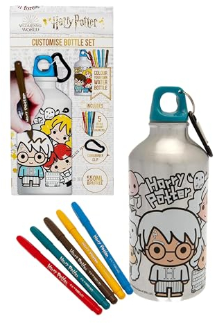 Harry Potter Flasche und 5 Marker, Kinder Wasserflasche, Anpassbares Hogwarts Flaschen Resistentes Design, Reiseflasche, Fassungsvermögen 330 ml