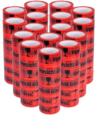 verpacking PP-Klebeband 50 mm x 66 m Vorsicht Glas Rot [Ausführung, Farbe & Stückzahl wählbar] Standard abrollend Packband 96 Rollen