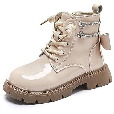 Stivaletti Bambina Moda Invernale Termico Fiocco di Strass PU Pelle Stivali Brevi Corti Ragazza Chelsea Stivali Ttaglia 26-36 (30,Beige,Bambino Piccolo (2-5 Anni))