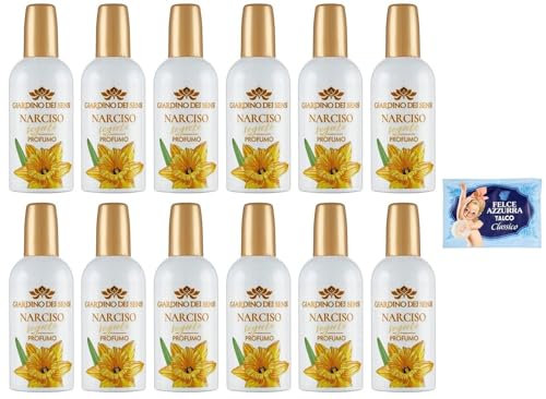 12 pezzi Giardino dei Sensi Profumo Narciso Segreto, profumo da donna, narciso segreto, 100 ml, confezione da 1 polvere di talco Felce Azzurra, sacchetto da 100 g