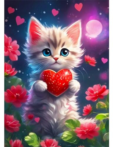 CEOVR 5D Diamant Painting Adulte Katze Peinture Diamant Adulte Liebe Herz,Kit Diamond Painting Adulte,30x40 cm Diamond Painting Kit Complet,Tableau Strass Diamant Art,Blumen