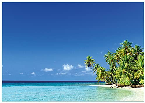 Wallario Glasbild Blauer Himmel weißer Strand Palmen und das tiefblaue Meer - 70 x 100 cm Wandbilder Glas in Premium-Qualität: Brillante Farben, freischwebende Optik