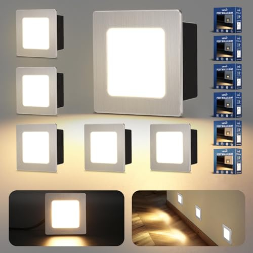 Letlit 6er Set Treppenbeleuchtung 3W, Superhell 300lm LED Treppenstufenbeleuchtung 230V 3000K, 85x85mm, IP65 Treppenlicht Einbauleuchten für Treppen Wand Flur, Unterputzdosen 68mm, Nickel Gebürstet