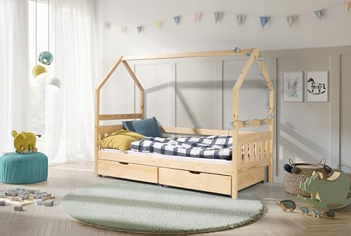 KEF Emma Kinderbett 90x200 cm - Hausbett für Schlafzimmer - Bodenbett aus Holz - Babybett mit Matratze - Floor Bed - Jugendbett und Mädchenbett für Kinderzimmer - Kiefer