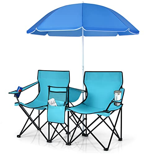 KOMFOTTEU Silla de Camping Plegable con Sombrilla, Silla de Pesca de 2 Plazas con Portavasos y Bolsa Nevera, Asiento Portátil con Bolsa de Transporte, Silla Doble de Playa, Picnic (Azul Claro)