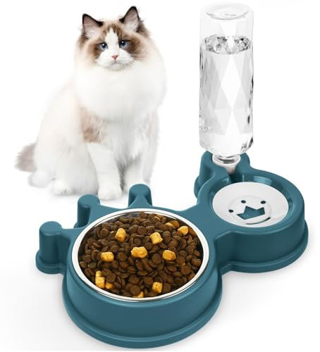 Cat Bowls, Dog Food and Water Bowl Set with Water Dispenser for Cats and Small Dogs - Blue