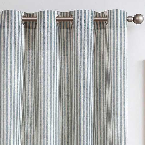 TOPICK Linen Curtains for Living Room 63 inches Long Blue Striped Curtains for Bedroom Light Filtering Eyelet Curtain Window Decoration 2 Panels