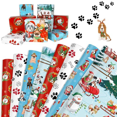 DPKOW Geschenkpapier Weihnachten mit Hundemotiv, 8 Stk Weihnachtspapier Geschenkpapier bögen, Recycelbare Einschlagpapier Weihnachten Hundepfoten für Verpackung, Wrapping Paper Christmas, 70x50 cm