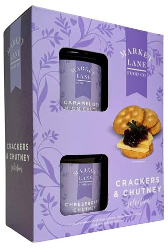 Traditional Chutney and Crackers Gift Set by The Market Lane Food Company - Caramelised Onion Chutney and Cheeseboard Chutney With Oven Baked Crackers Artisan Biscuits Selection