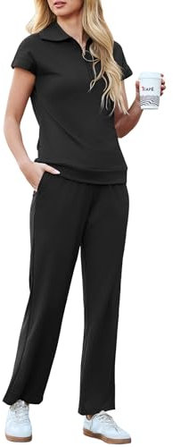 Aottori Tuta Sportiva Donna Completa Due Pezzi Casual Tuta da Ginnastica Estiva T-Shirt Manica Corta e Pantaloni con Tasche e Coulisse Pigiama Set per Jogging Training Casa Nero XXL