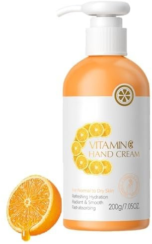 Vitamin C Handcreme, 200 ml, feuchtigkeitsspendende Lotion für jünger aussehende Hände, reichhaltige, samtige Konditionen und schützt die Haut, feuchtigkeitsspendend, pflegend, Peeling, Handfilm,