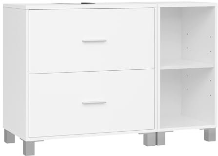 eSituro Armario de Baño de Pie, Mueble Bajo Lavabo con Cajones, Mueble Auxiliar de Baño, Estante Ajustable, Recorte Sifón 14,5 * 20 cm, Blanco