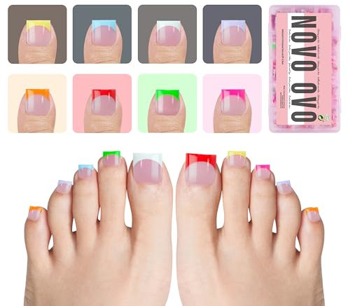 NOVO OVO French Tip Press on Toe Nail Tips MIXED COLOR, Sharp Square Pre-Designed Soft Gel False Toenail Extension, Pre-applied Tip Primer & Base Coat, Full Cover Acrylic for DIY x 15 Sizes 240 pcs