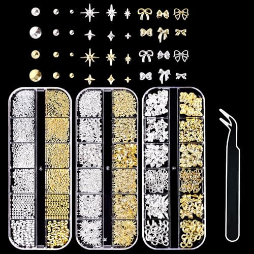 3D Nail Charms, VEGCOO 3 Boxes Gold Silver Nail Stuff Nail Gems Rhinestones Charms with Tweezers, Assorted Styles Bows Stars Pearls Nail Art Charms for Women Girls Nail Art DIY Accessories