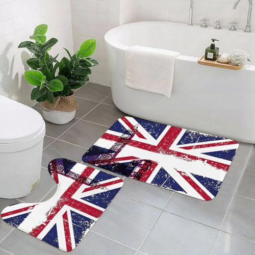 EMCLKS 2 Pieces Bath Mat Set,Machine Washable & Non Slip Bath Mats for Bathroom Set,Soft Superfine fiber Bathroom Rugs Mat,Union Jack, Grungy Aged UK Flagge Big Ben Do