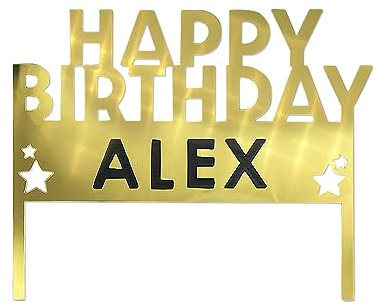 Personalised Cake Topper - Acrylic Gold Happy Birthday Cake Topper with 2 Black Sheets of Letters to Personalise for Birthdays
