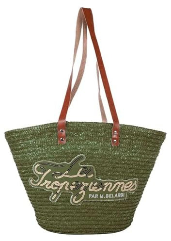Les Tropéziennes par M.Belarbi | Panier de Plage Milos | Panier Femme porté épaule en Paille avec Broderies et Sequins | 45 x 30 x 20 cm | Coloris Vert Kaki
