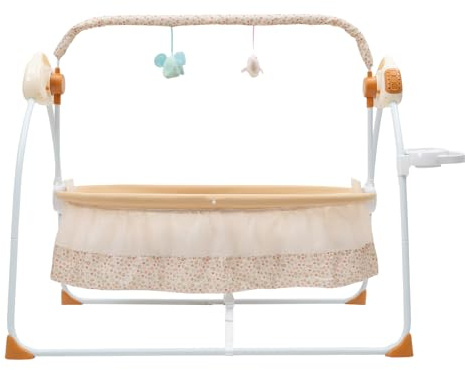 Eieblek Baby Crib Cradle, Automatic Intelligent Rocker Bed (5 Speeds), Multifunctional Foldable Baby Swing Cradle with Bluetooth,Controller, for 0-18 Months, Khaki