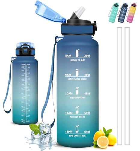 Gourde Sport, Gourde 1,5l, Anti Fuite, Gourde Graduée pour 1 Journee, Facile à Nettoyer, Gourde Graduée, avec Slogan de Motivation, Bouteille avec Verrou de sécurité, pour Camping, Aptitude, Randonnée