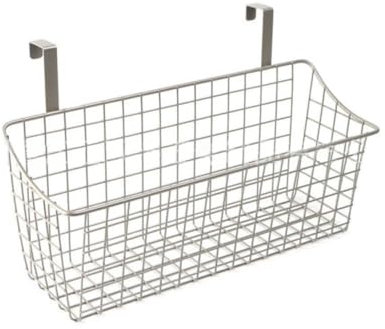 Homieco Over The Cabinet Door Storage Basket Metal Wire Kitchen Cupboard Drawer Hanging Caddy Organizer Bakeware Holder Spice Jar Rack (Champagne silver 1)