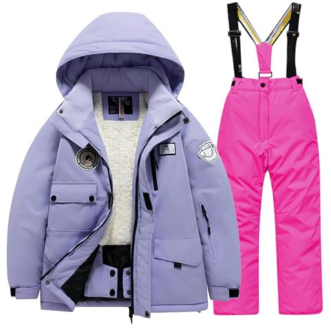 Generisch Combinaison de ski pour enfant - Avec poche polaire - Veste et pantalon d'hiver coupe-vent - Snowboard - Unisexe - Pour l'hiver, Rose, 12-14 ans