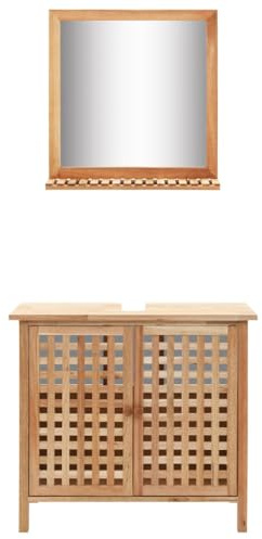 Hoopleep Waschbeckenunterschrank Walnussholz Massiv, Badmöbel Set mit Spiegel, 66x29x62cm, Freistehendes Badezimmer Aufbewahrung Schrank für Handtücher, Hygieneprodukte