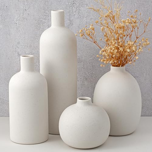 Sawoake Moderne Weiße Keramik Vase Set 4, Neutrale Heimdekor Sammlung, Handgefertigt für Regal Mantel Tisch Dekor, Minimalistische Geschenk Set