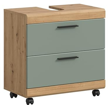 xonox.home – Waschbeckenunterschrank Scout 60x60x34 cm in Artisan Eiche und Salbei Nachbildung – Mobiler Badezimmerschrank auf Rollen mit Feststeller – Frisches Design & praktisch