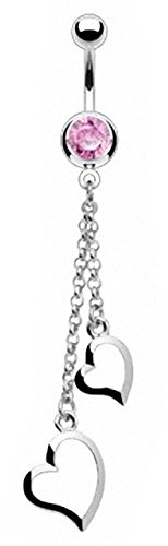 Piercingfaktor Bauchnabelpiercing Chirurgenstahl Bauch Bauchnabel Piercing Banane Stecker Anhänger mit Kristall Zwei Herzen Ketten Silber Pink