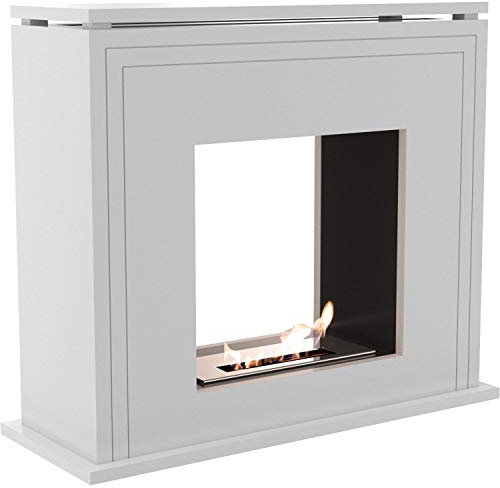 KRATKI June Bioethanol Portalkamin Freistehender Biosafe Behälter 0,5l TÜV Zertifiziert MDF Gehäuse Stahleinsatz 80x67cm Weiß mit Tunnel