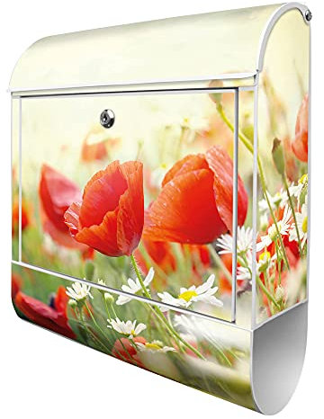 banjado® Design Briefkasten mit Kamille Und Mohn 38,5x46,5x13cm & 2 Schlüssel - Briefkasten Stahl weiß mit Zeitungsfach pulverbeschichtet - Postkasten A4 Einwurf inkl. Montagematerial