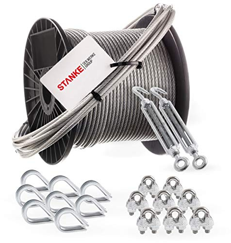 Seilwerk STANKE Corda in acciaio zincato con guaina in PVC da 200m fune in acciaio 2mm 1x19, 2x gancio per occhiello M5 tenditore, 8x ditale, 8x morsetto per corda - SET 5