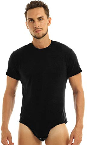 iEFiEL Herren Overall Kurzarm Bodysuit mit Druckknöpfe im Schritt Baumwolle Männer Sportbody Rundhals Tops T-Shirt M-XXL Schwarz XL
