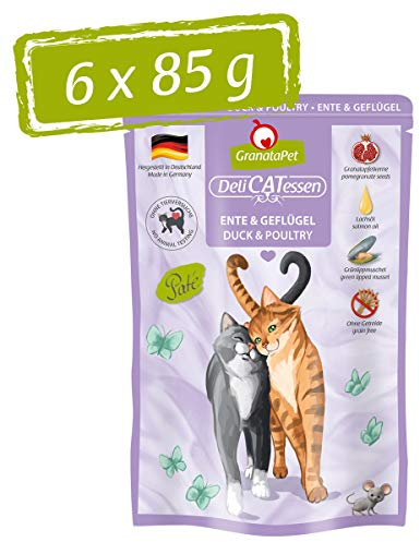 GranataPet DeliCatessen Ente & Geflügel, Nassfutter für Katzen, Katzenfutter für Feinschmecker, Futter ohne Getreide & ohne Zuckerzusätze, 6 x 85 g