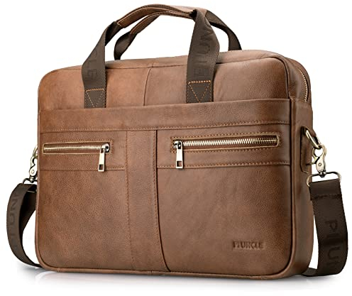 BAGZY Laptoptasche 14 Zoll Aktentasche Umhängetasche Geschenk für Männer Handtasche Echtes PU Leder Business Tasche Notebook Bürotasche (Braun)