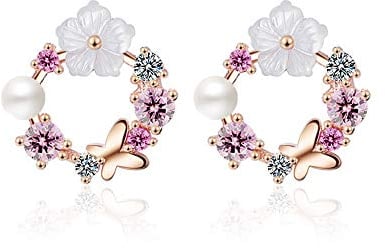 Silber Ohrstecker, Verhindern Allergien Zircon Frauen-Bolzen-Ohrringe, Mit Hübscher Schmetterling Bunte Blumen Perle, Für Partei, Hochzeiten, Verlobungen