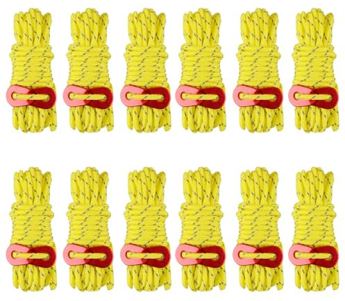 TRIWONDER Reflective Guy Ropes with Tensioners 4mm Guide Ropes 4m Tent Guy Line Cord Tent Paracord Nylon Camping Rope for Tent Tarp (Yellow - 12 Pcs)